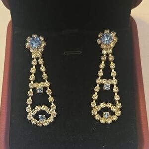Elegant Rhinestone Blue and Gold Drop Earrings